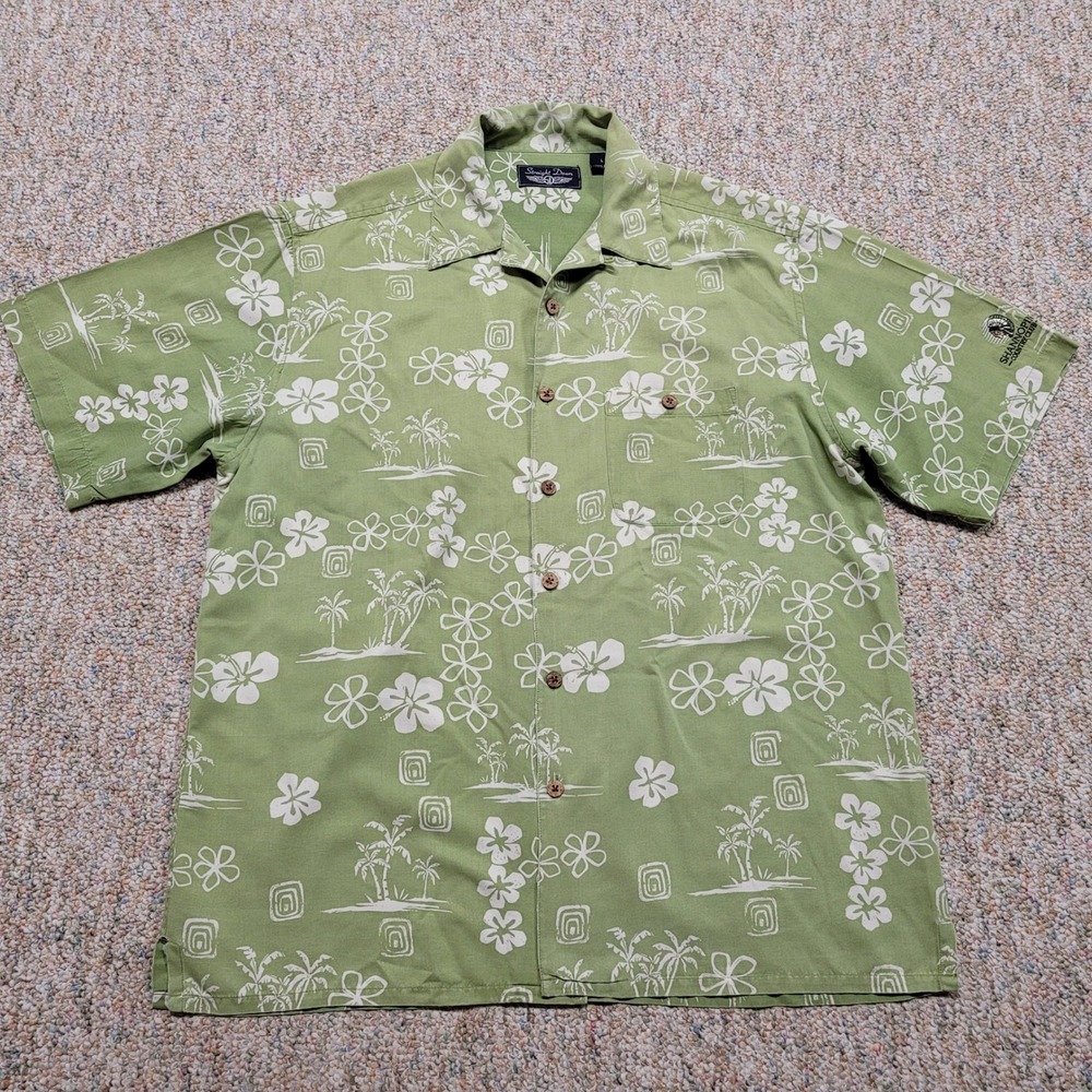 Straight Down Shirt Mens Large Green Hawaiian Silk Shannopin Country Club Aloha